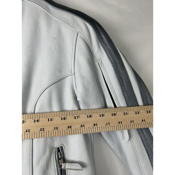 Power Trip Women's Leather Zip Up Motorcycle Jacket Large Cream/Silver Grey - Picture 6 of 16